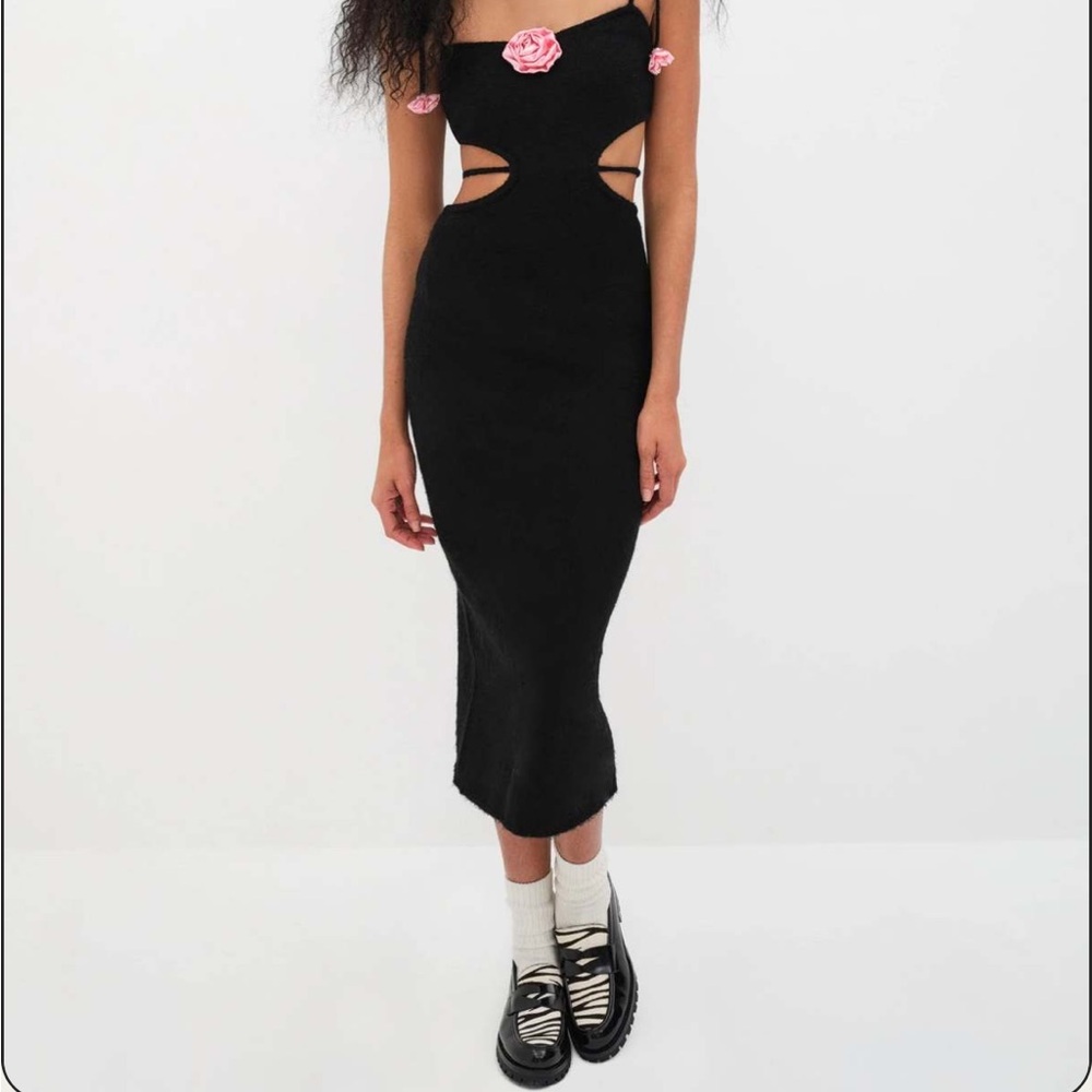 For Love And Lemons Black Midi Dress with Pink Floral Details